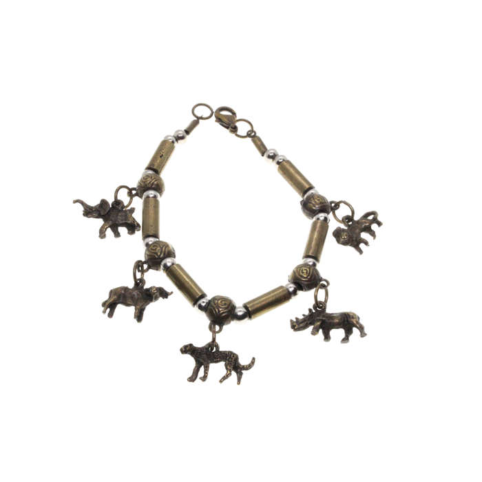 Charm Bracelet - Brass Tone African Bead Design. Big 5 Animal Charms - ML2876