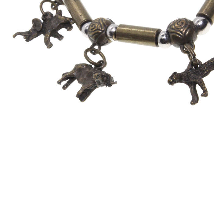 Charm Bracelet - Brass Tone African Bead Design. Big 5 Animal Charms - ML2876