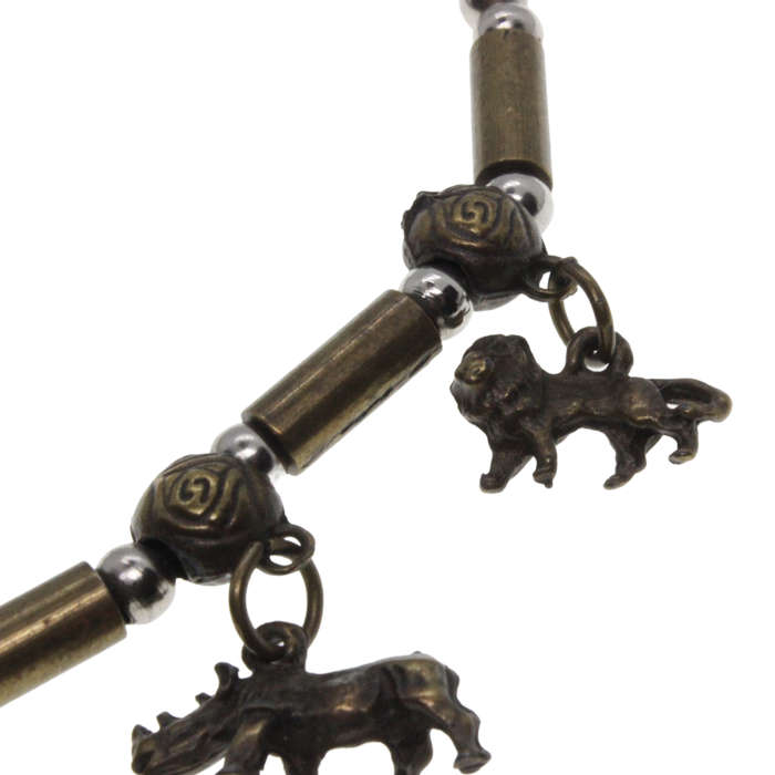 Charm Bracelet - Brass Tone African Bead Design. Big 5 Animal Charms - ML2876