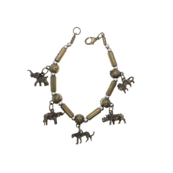 Charm Bracelet - Brass Tone African Bead Design. Big 5 Animal Charms - ML2876