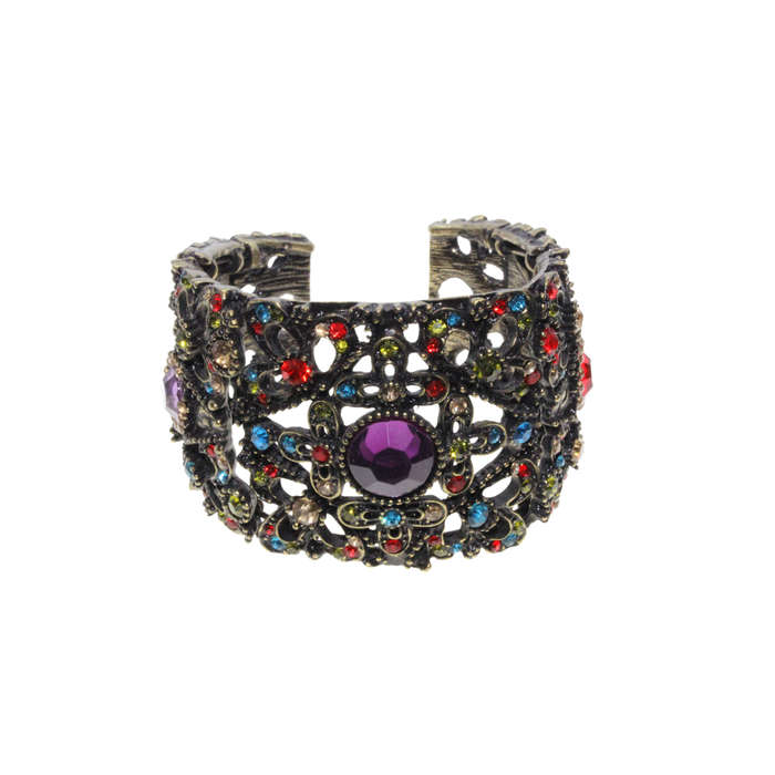 Bangle - Brass Tone Cuff Design. Mulit-Coloured Rhinestones. Large Centred Purple Rhinestone - ML...