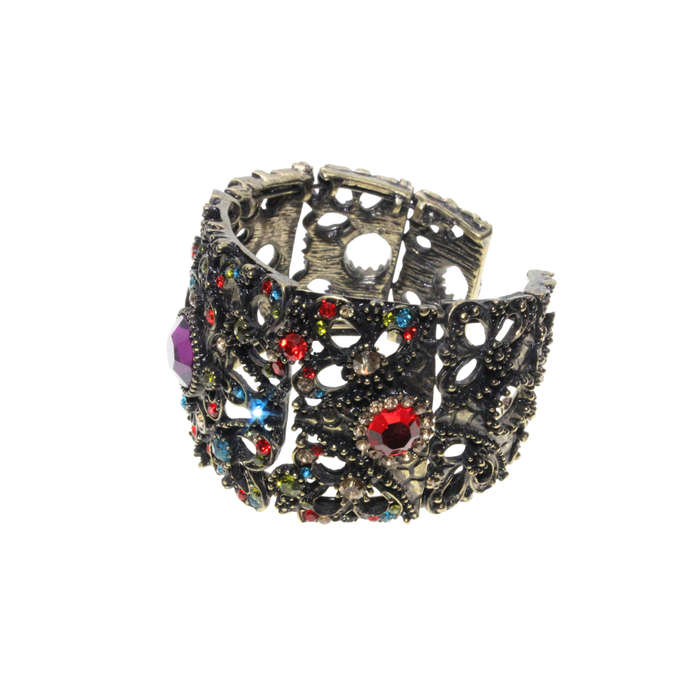 Bangle - Brass Tone Cuff Design. Mulit-Coloured Rhinestones. Large Centred Purple Rhinestone - ML...
