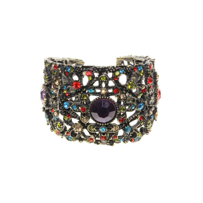 Bangle - Brass Tone Cuff Design. Mulit-Coloured Rhinestones. Large Centred Purple Rhinestone - ML...