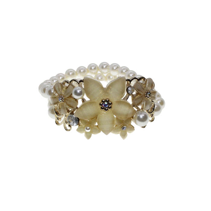 Bracelet - Gold Tone Stretch design. Beautiful Shimmering Floral Centre. Faux Pearl Stack - ML2881