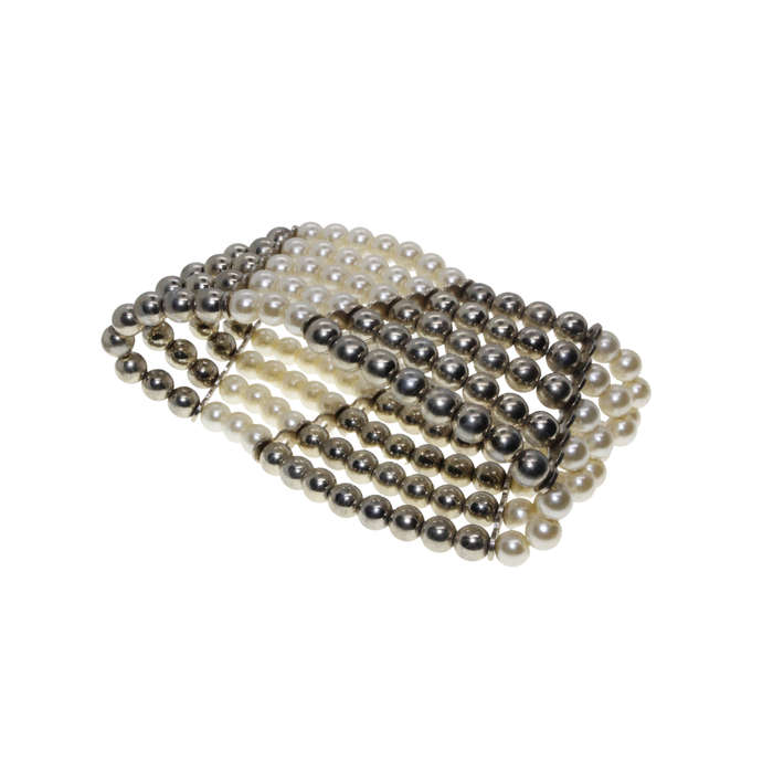 Bracelet - Silver Tone Stretch Design. Champagne Bronze & White Faux Pearl Stack Design - ML2882