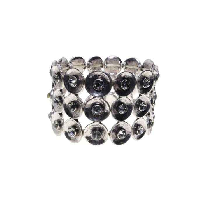 Bracelet - Silver Tone Stretch Design. 3 Stack Dark Silver Tone Domes. Grey Diamantes - ML2883