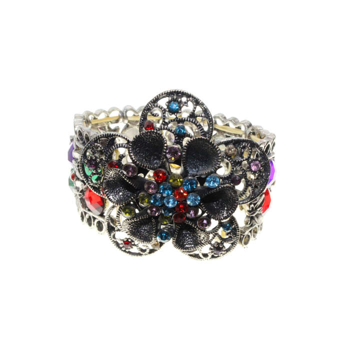 Bracelet - Silver Tone Stretch Design. Large Flower Covered in Multi-Coloured Rhinestones - ML2884