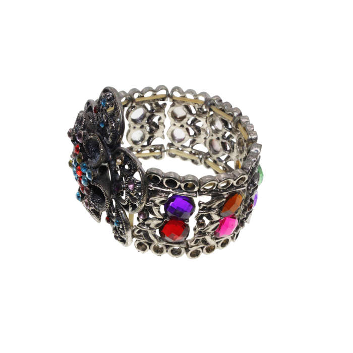 Bracelet - Silver Tone Stretch Design. Large Flower Covered in Multi-Coloured Rhinestones - ML2884