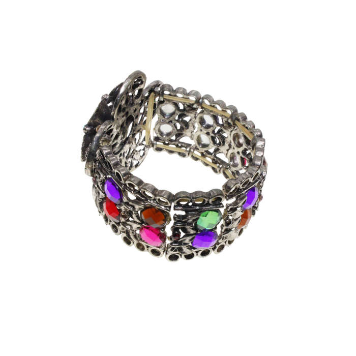 Bracelet - Silver Tone Stretch Design. Large Flower Covered in Multi-Coloured Rhinestones - ML2884