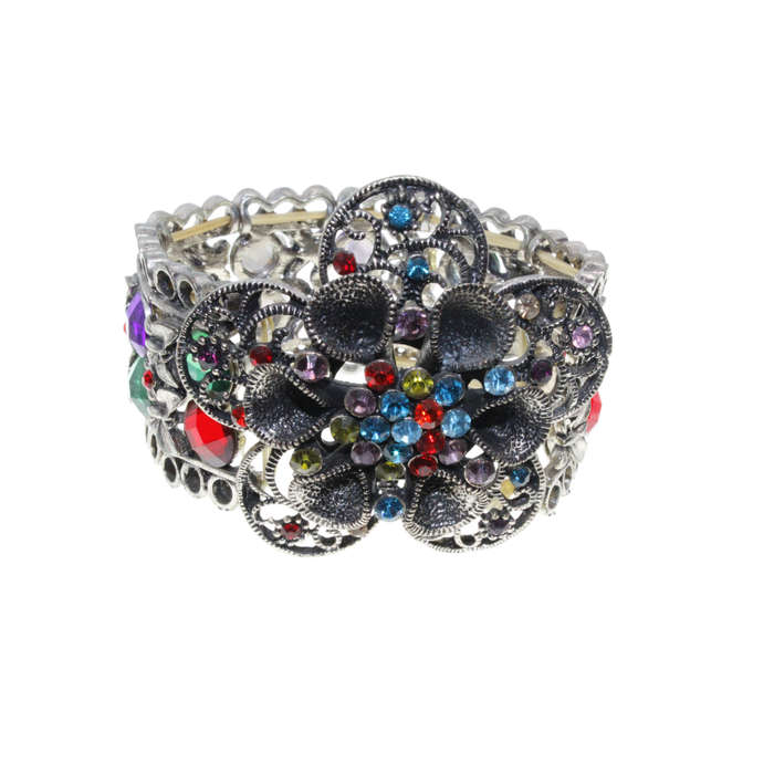 Bracelet - Silver Tone Stretch Design. Large Flower Covered in Multi-Coloured Rhinestones - ML2884