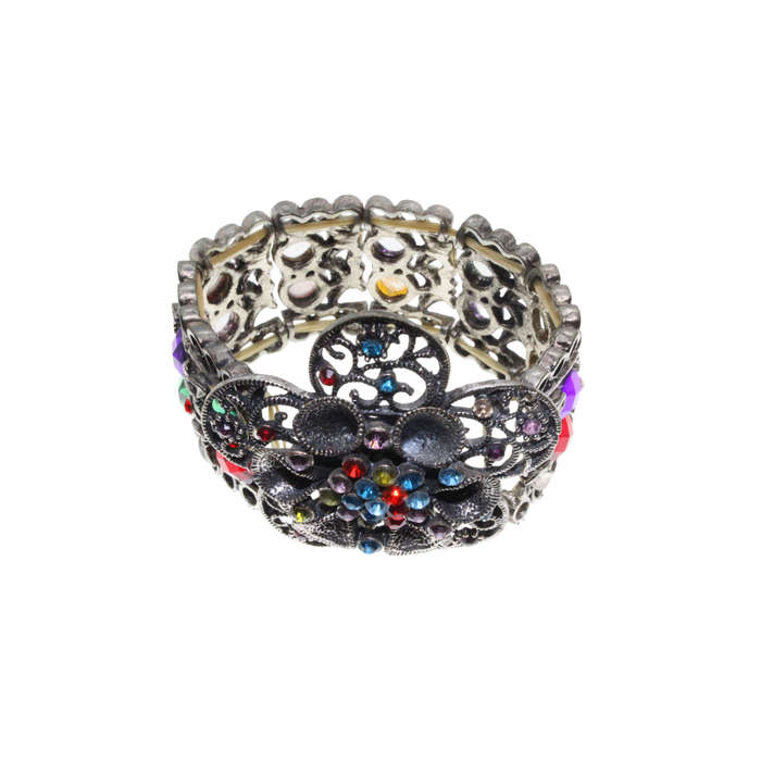 Bracelet - Silver Tone Stretch Design. Large Flower Covered in Multi-Coloured Rhinestones - ML2884