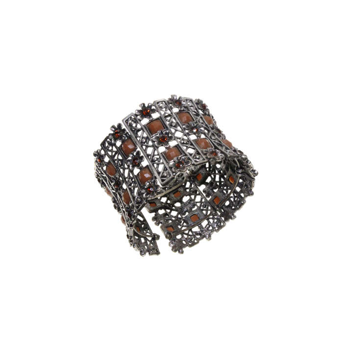 Bangle - Silver Tone Cuff Design. Corset Style with Brown Rhinestones & Diamantes - ML2886