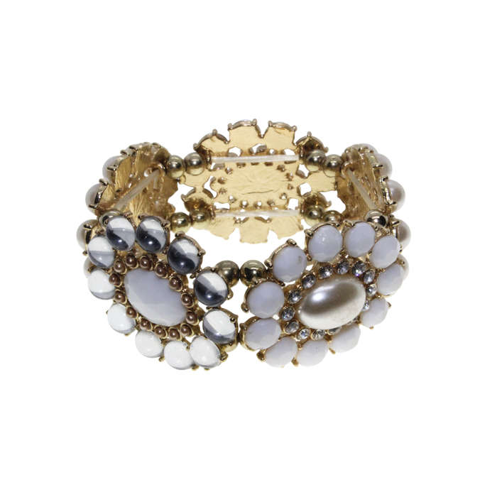 Bracelet - Gold Tone stretch Design. Flowers with Faux Pearls and Diamantes - ML2889