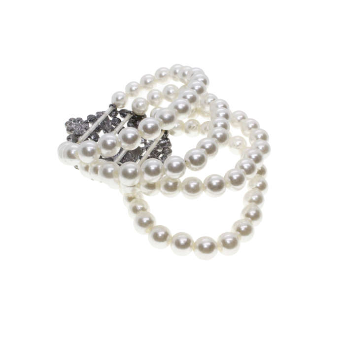 Bracelet - Stretch Band. 4 Strand Faux Pearls. Grey Beads & Diamante Centre Piece - ML2898