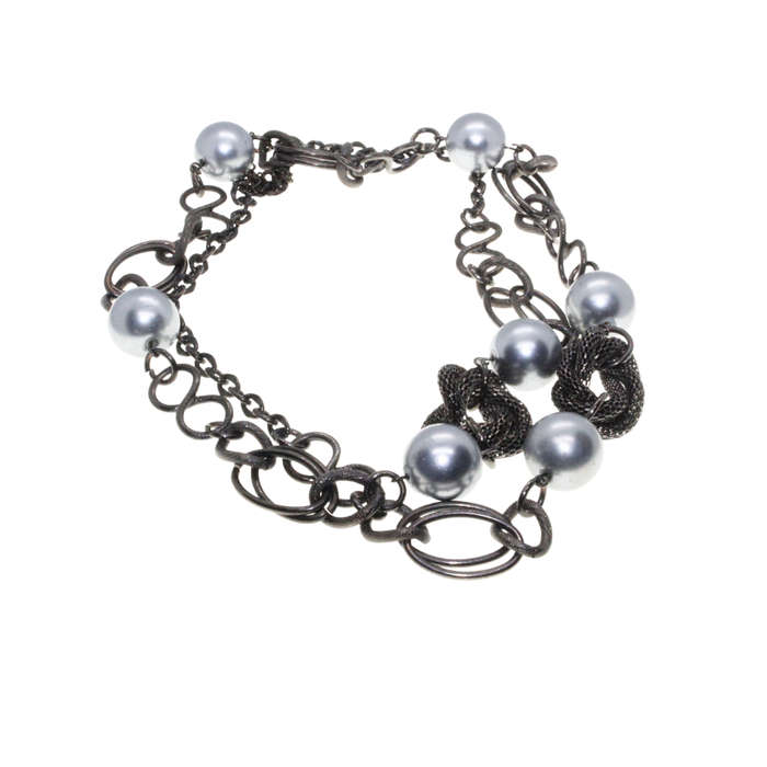 Necklace - Gun Metal Tone Chain Style. Attached by Links and Silver Tone Large Beads - ML2900