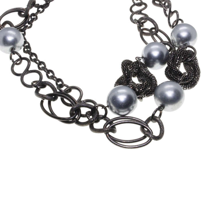 Necklace - Gun Metal Tone Chain Style. Attached by Links and Silver Tone Large Beads - ML2900