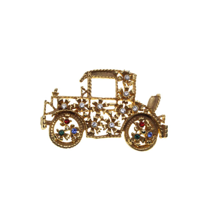 Brooch - Gold Tone Vintage Style Old Car. Clear and /coloured Rhinestones - ML2908