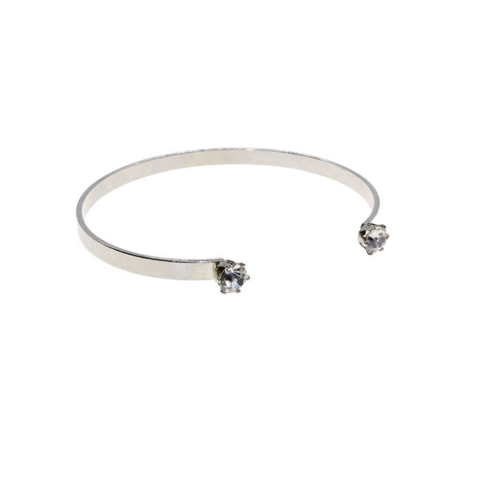 Bangle - Silver Tone Cuff Bracelet Clear Stones on both ends - ML2920