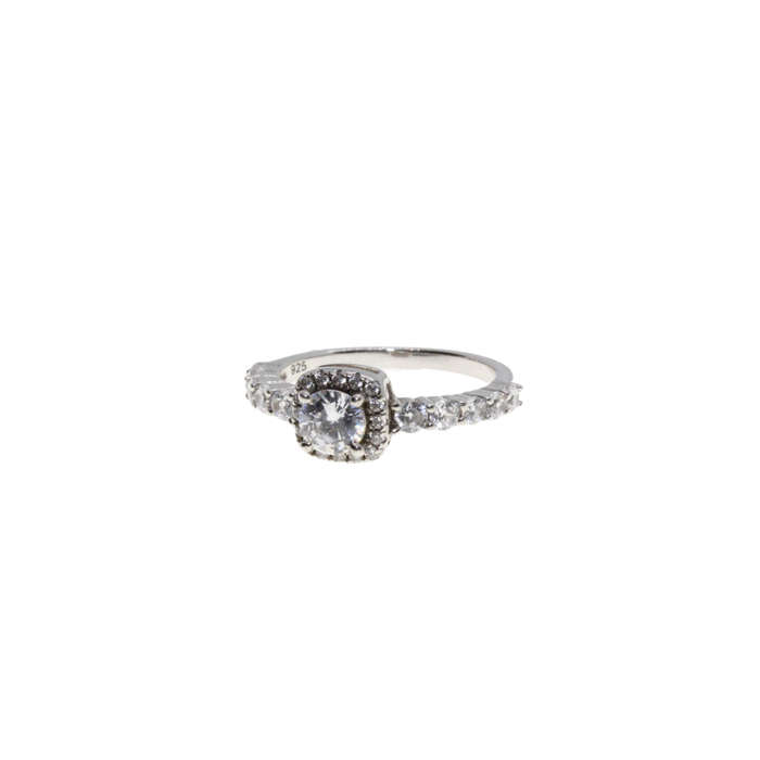 Ring - 925 Silver Halo Ring. Square Setting Centre Clear Stone. Diamantes - ML2924