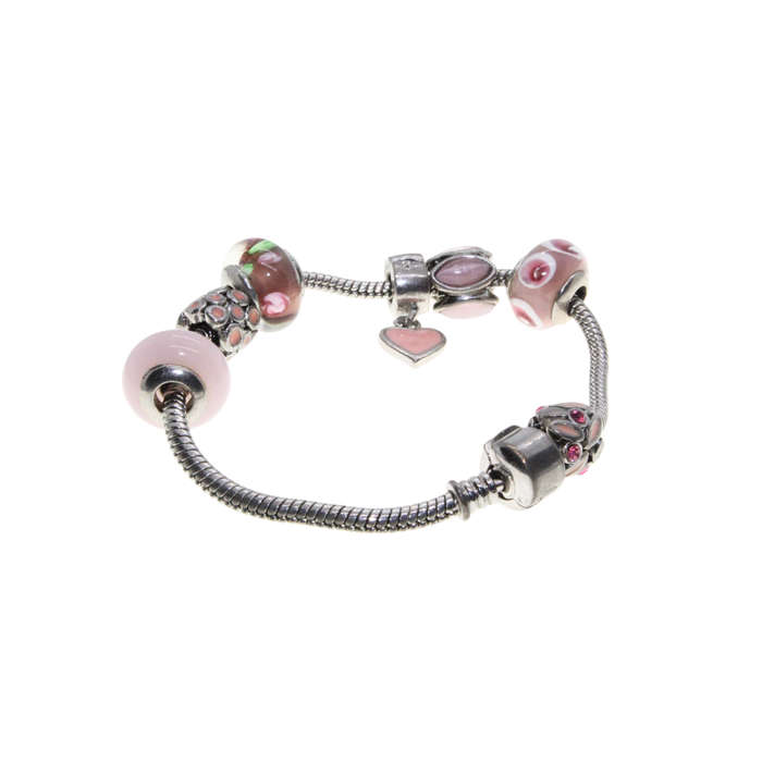 Bracelet - Silver Tone Snake Chain with Pink and Silver Beads - ML2926