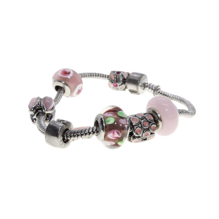 Bracelet - Silver Tone Snake Chain with Pink and Silver Beads - ML2926
