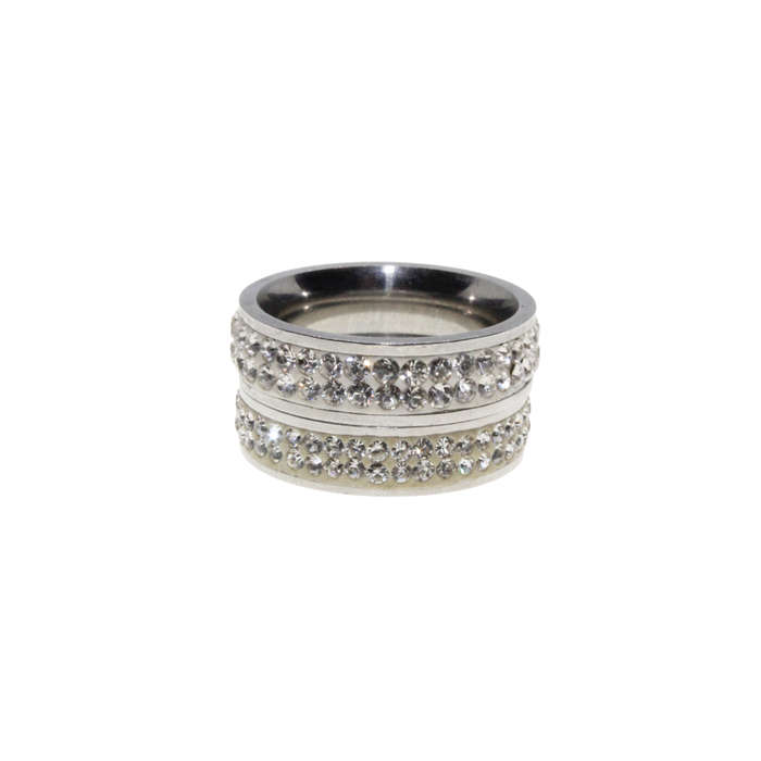 Ring - 2 x Silver Tone Wide Bands surrounded by Clear Diamantes - ML2954