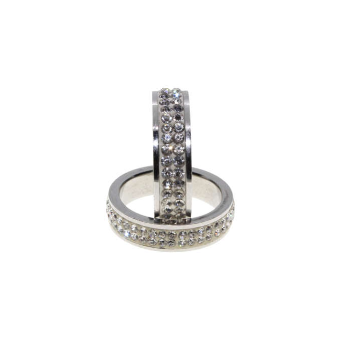 Ring - 2 x Silver Tone Wide Bands surrounded by Clear Diamantes - ML2954
