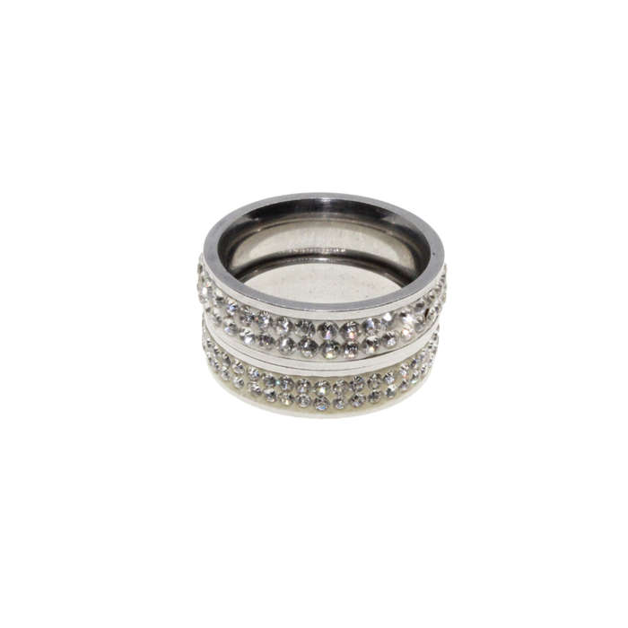 Ring - 2 x Silver Tone Wide Bands surrounded by Clear Diamantes - ML2954