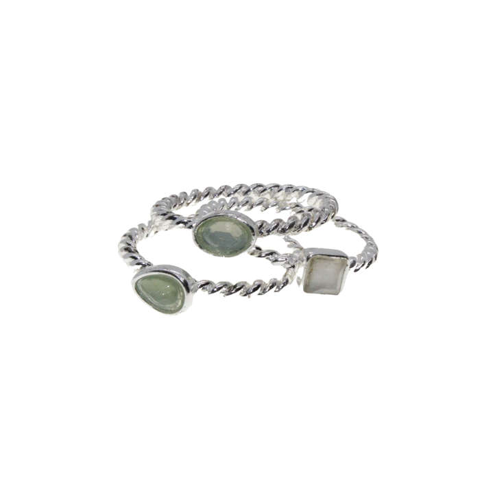Ring - 3 x Silver Tone Rope Design Bands. Faux Pastel Colour Gemstones - ML2958