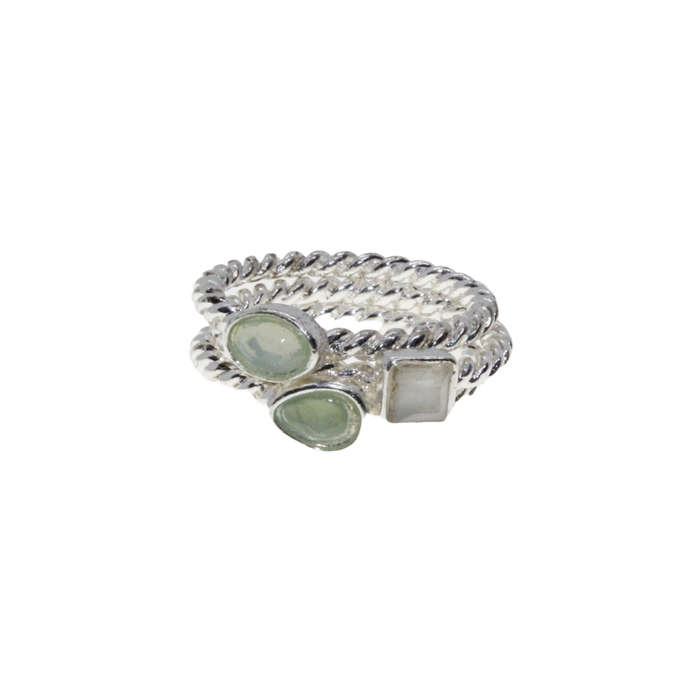 Ring - 3 x Silver Tone Rope Design Bands. Faux Pastel Colour Gemstones - ML2958