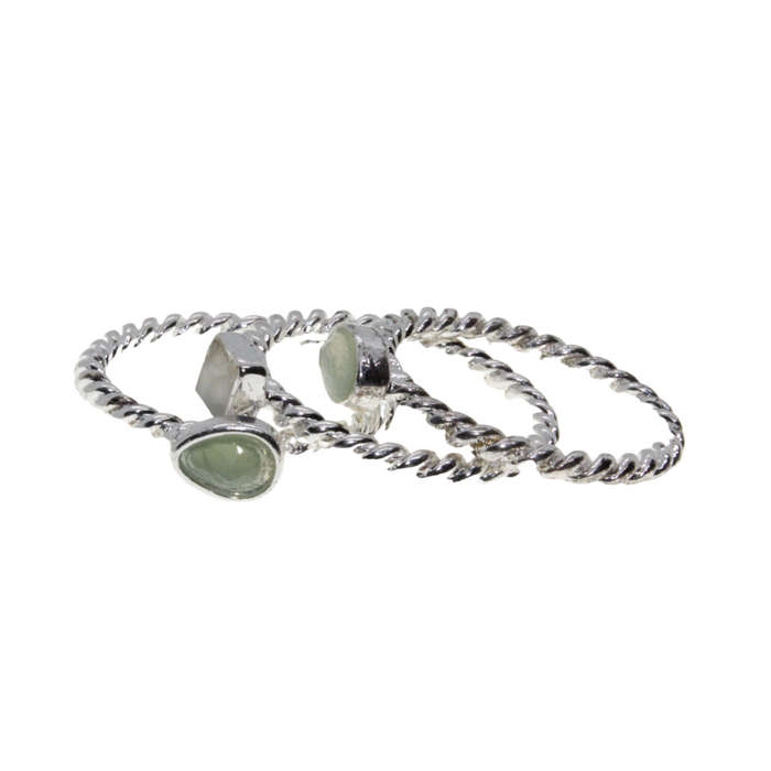 Ring - 3 x Silver Tone Rope Design Bands. Faux Pastel Colour Gemstones - ML2958