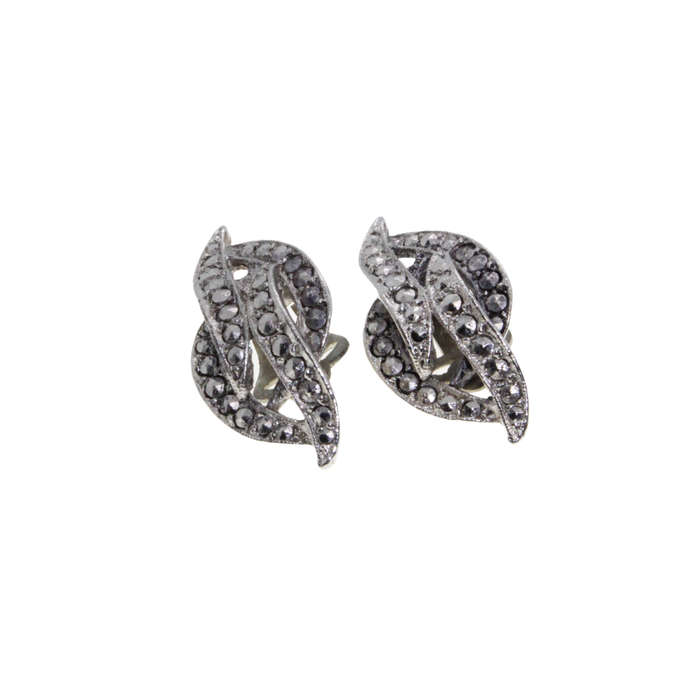 Earrings - Silver Tone Marcasite Leaf Style Clip On Earrings - ML2966
