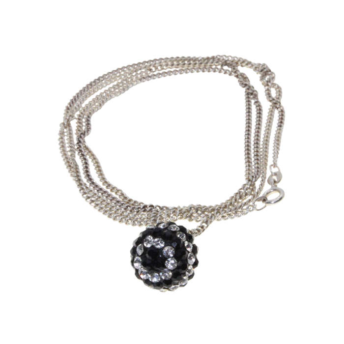 Necklace - 925 Silver Chain. Black and Clear Diamante Glitter Ball 925 Silver Loop - ML2970