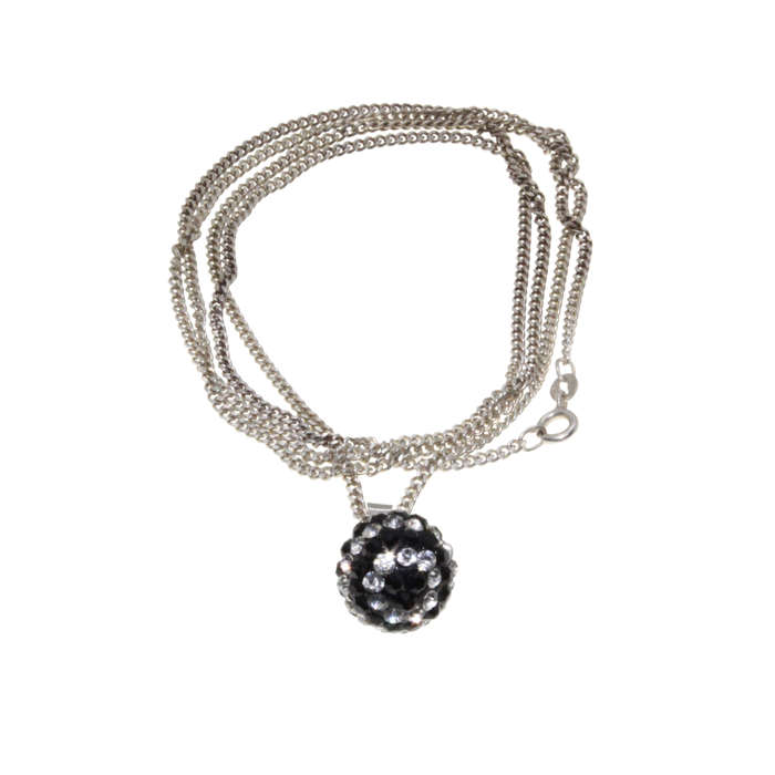 Necklace - 925 Silver Chain. Black and Clear Diamante Glitter Ball 925 Silver Loop - ML2970
