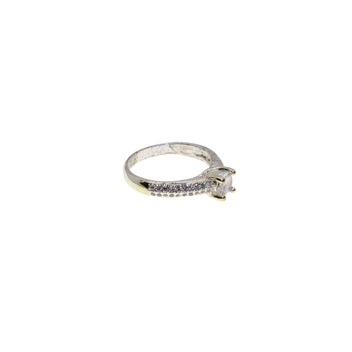 Ring - Silver Tone Band. Solitaire Style Centre Stone surrounded by small Diamantes - ML2972
