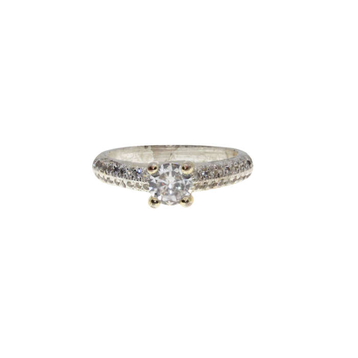 Ring - Silver Tone Band. Solitaire Style Centre Stone surrounded by small Diamantes - ML2972