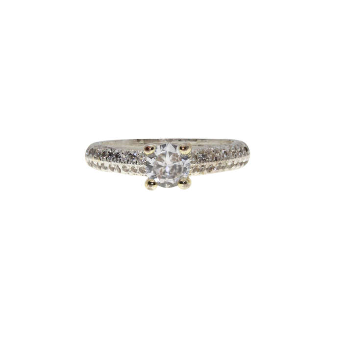 Ring - Silver Tone Band. Solitaire Style Centre Stone surrounded by small Diamantes - ML2972