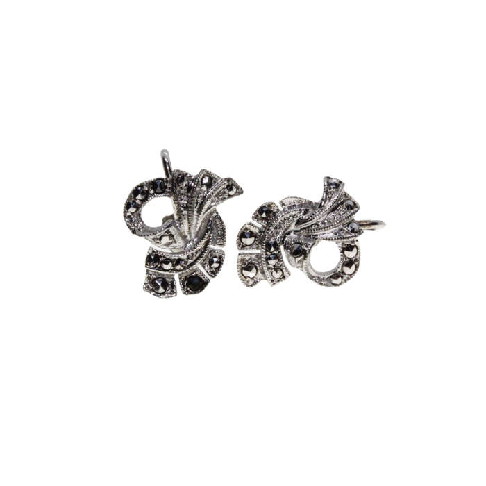 Earrings - Silver Tone Fan Design Screw On Marcasite Earrings - ML2974