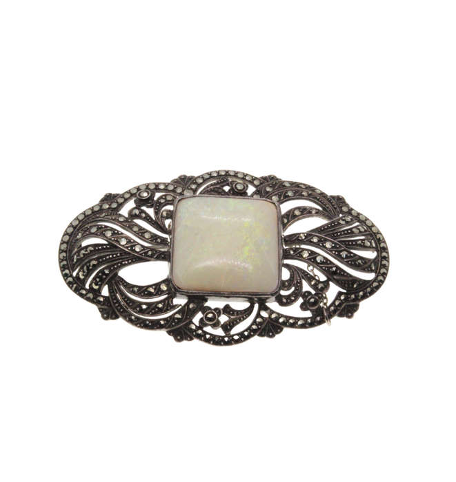 Brooch - Silver Marcasite Antique Brooch with Opal. Crazing Lines on Surface of Opal indicating A...