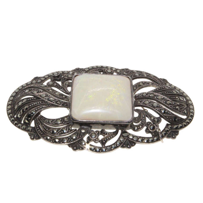 Brooch - Silver Marcasite Antique Brooch with Opal. Crazing Lines on Surface of Opal indicating A...