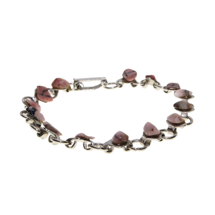 Bracelet - Silver Tone Linked Chain. Pink Mottled Stones - ML2977