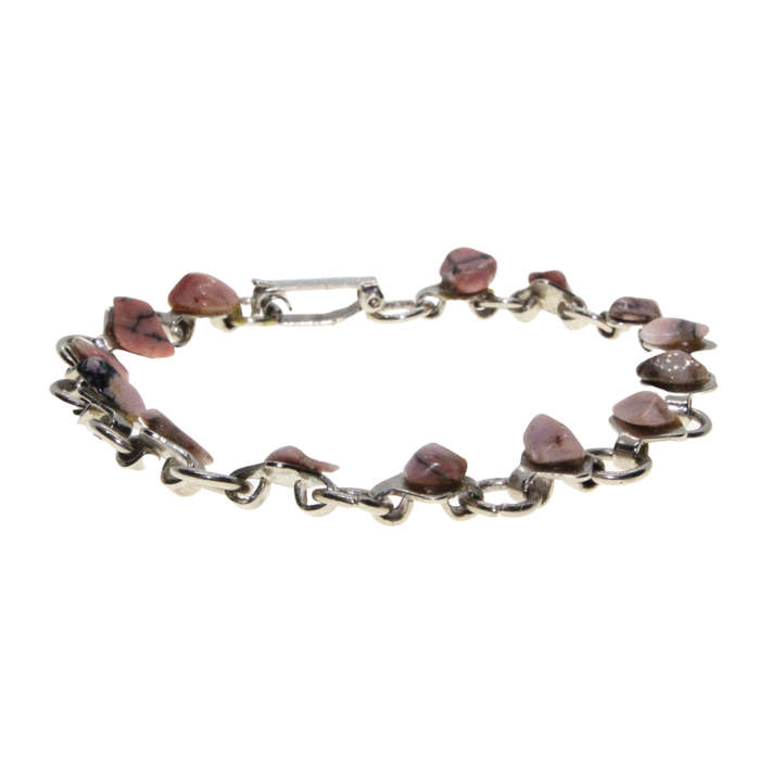 Bracelet - Silver Tone Linked Chain. Pink Mottled Stones - ML2977