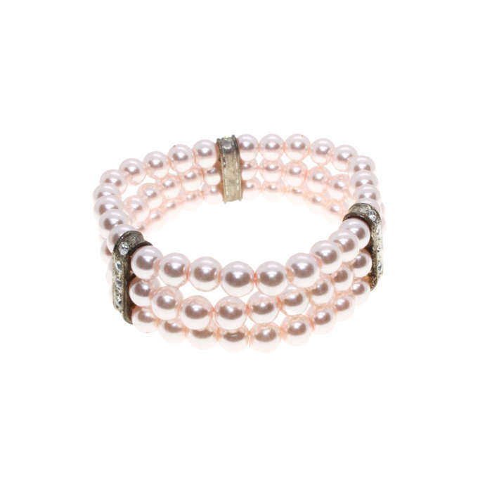 Bracelet  - Silver Tone 3 Layered Pink Faux Pearls with 3 Diamante Strips. Stretchable. - ML2995