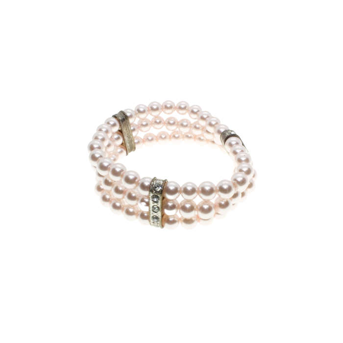 Bracelet  - Silver Tone 3 Layered Pink Faux Pearls with 3 Diamante Strips. Stretchable. - ML2995