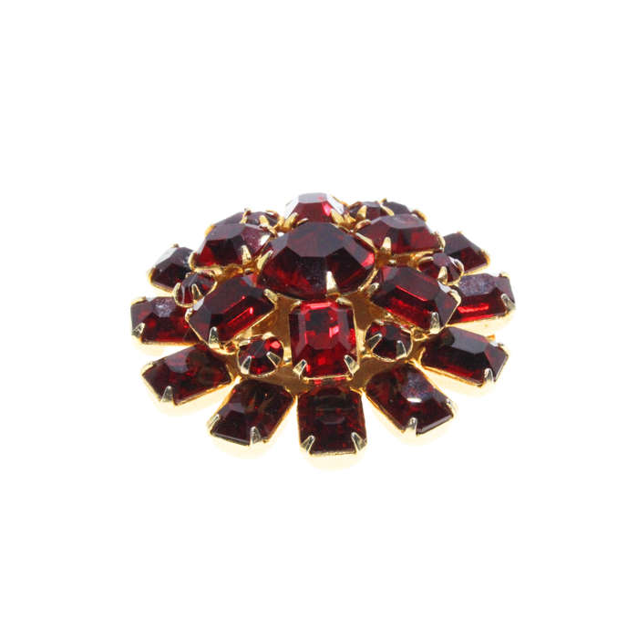 Brooch - Gold Tone. Red Rhinestones in different Shapes and Sizes. Flower Shape - ML2988