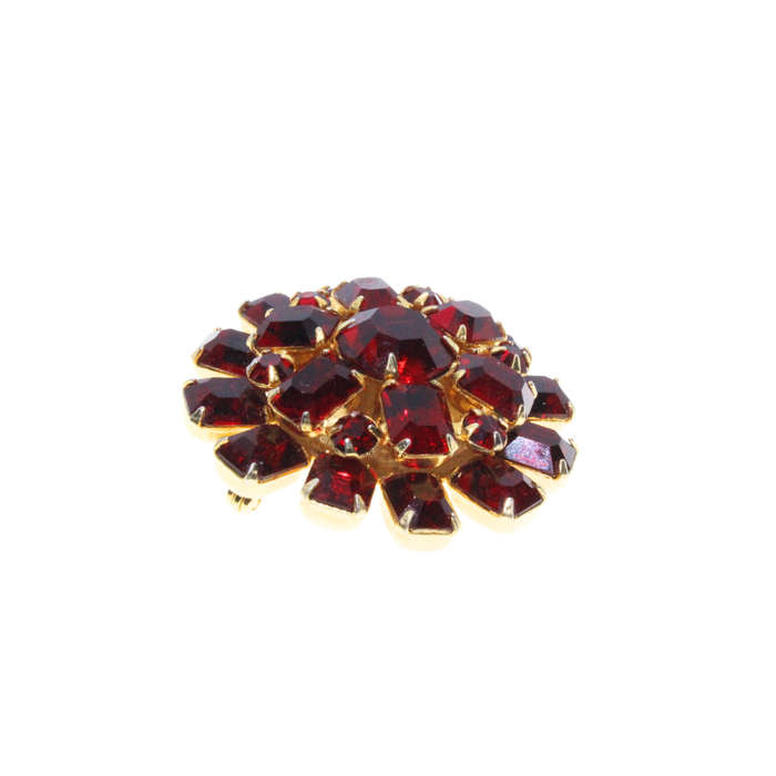 Brooch - Gold Tone. Red Rhinestones in different Shapes and Sizes. Flower Shape - ML2988