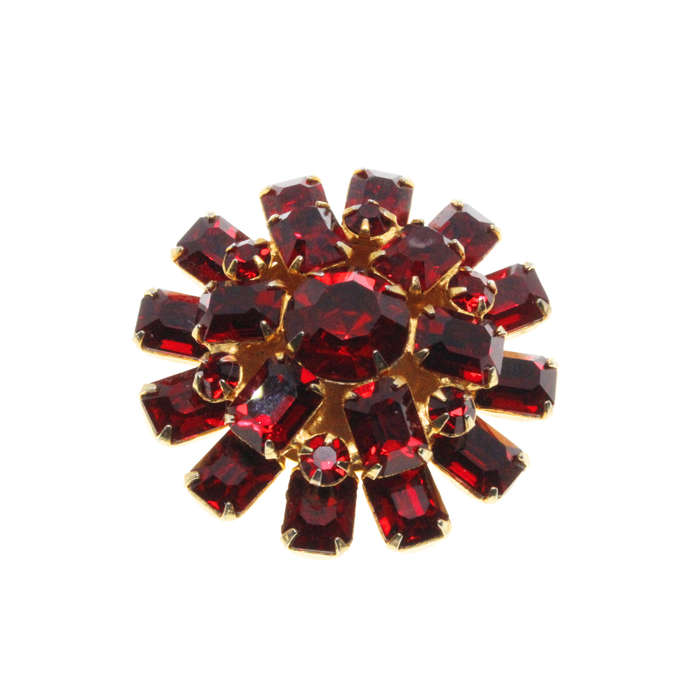 Brooch - Gold Tone. Red Rhinestones in different Shapes and Sizes. Flower Shape - ML2988