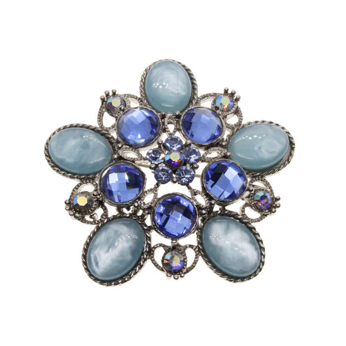 Brooch - Silver Tone Floral Design. Multiple Shades of Blue Diamantes & Glass Beads - ML3018