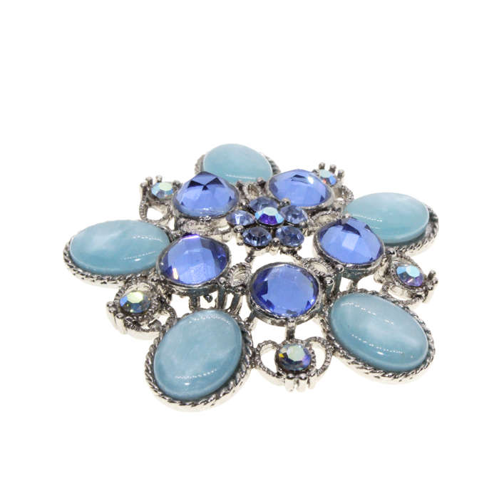 Brooch - Silver Tone Floral Design. Multiple Shades of Blue Diamantes & Glass Beads - ML3018