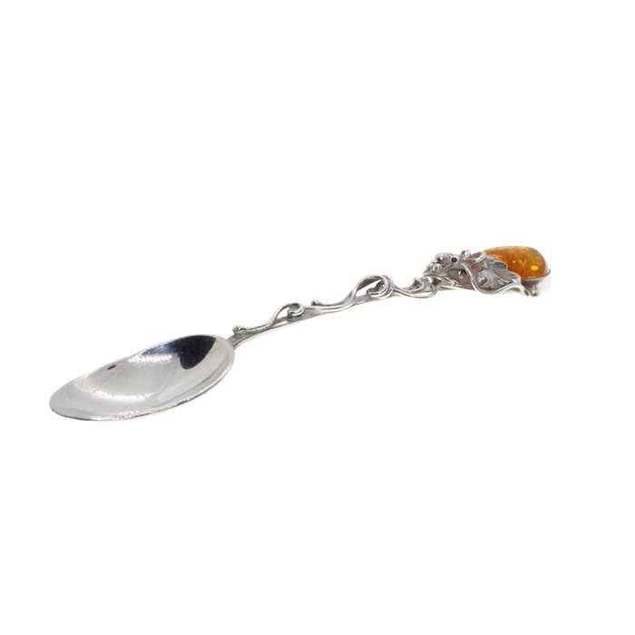 Antique - 925 Silver Jam Spoon stamped AD. Twisted Stem grapes/leaves with large Amber Stone - ML...